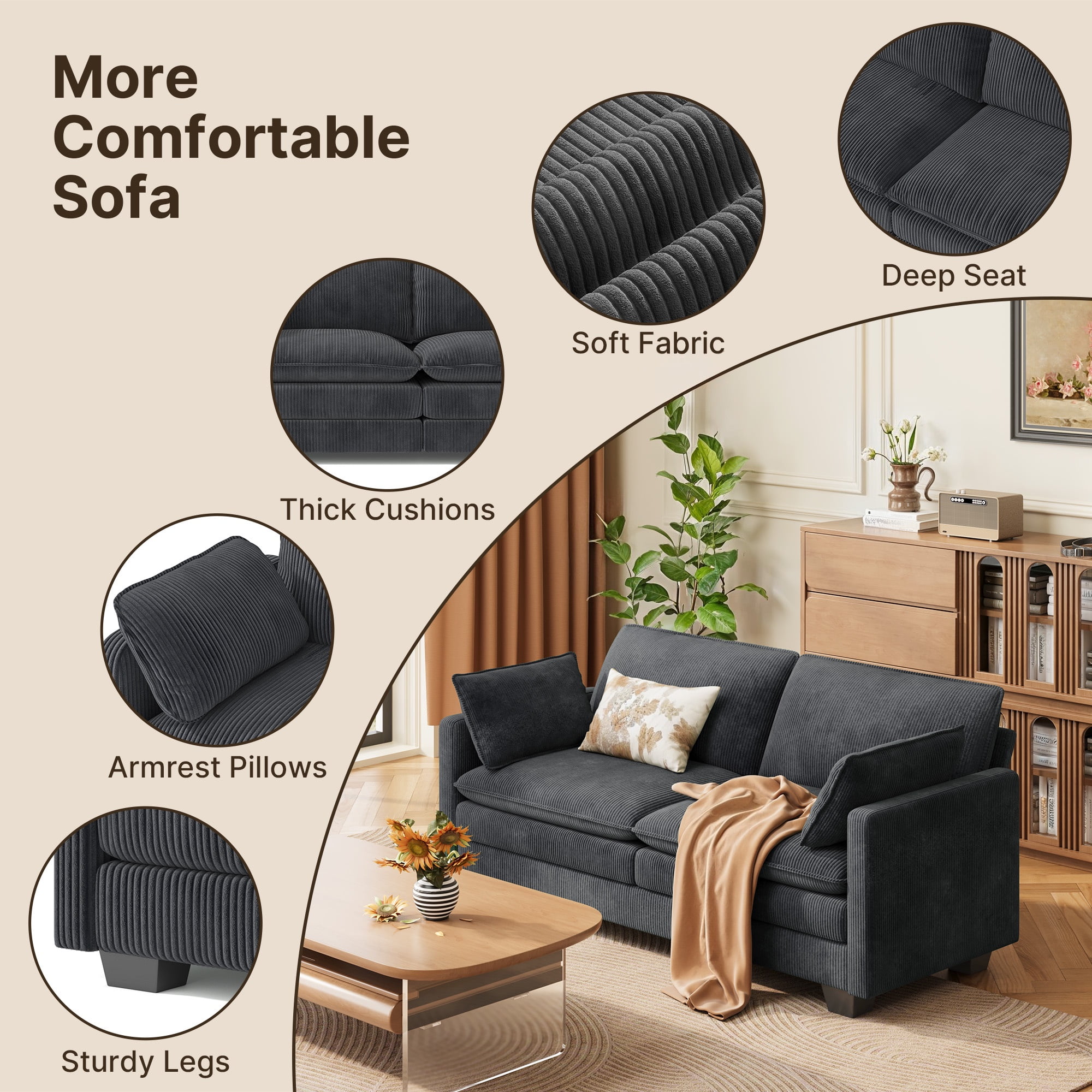 Asofer 75" Loveseat Corduroy Cloud Sofa, Deep Seat 2 Seater with Washable Cushion & 2 Pillows for Living Room Apartment, Gray