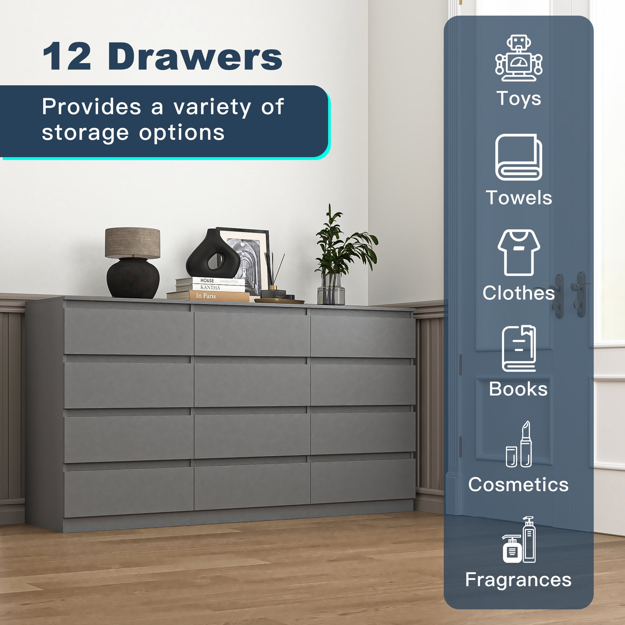 Resenkos Modern Mid Century 12 Drawer Wide Dressers Chests for Bedroom, Chest of Drawer Organizer Grey