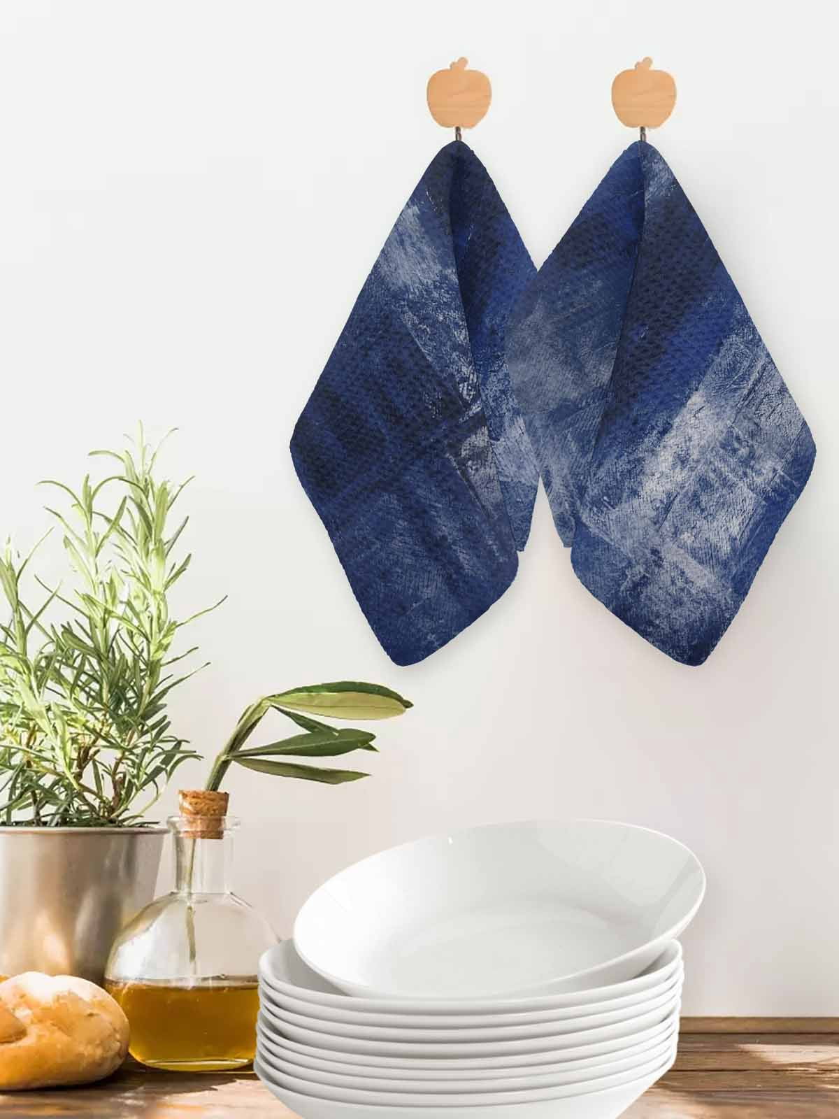 Navy Blue Kitchen Dish Towels for Drying Dishes Set of 2, Retro Oil Painting Modern Abstract Art Aesthetics Waffle Weave Microfiber Hand Tea Bathroom Towels Quick Dry & Absorbent Towel 12x12
