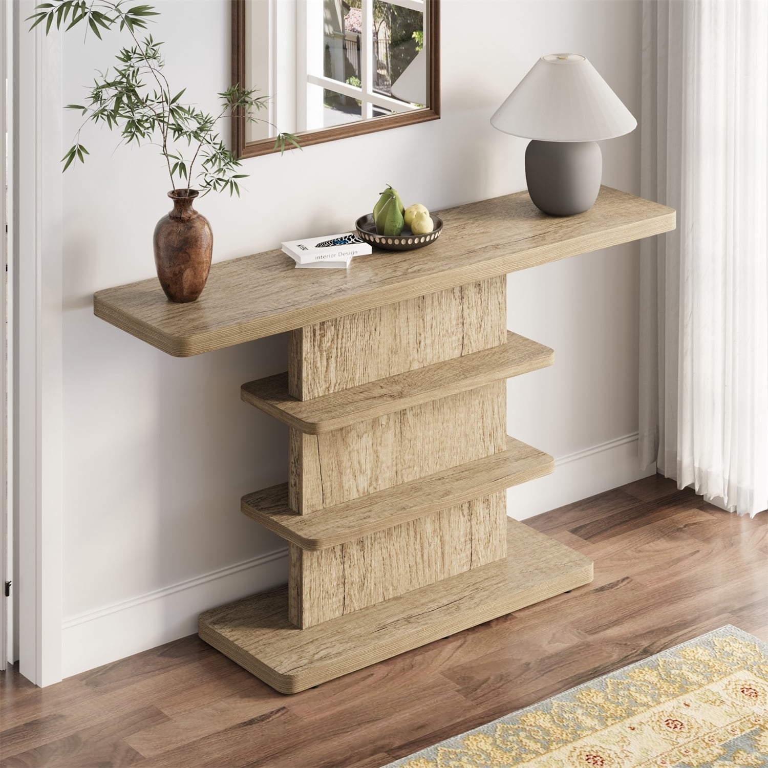 Hommoo 63" Vintage Narrow Console Table with 2-Tier Open Storage Shelves,Stylish Design High Weight Capacity, Suitable for Living Room,Hallway, Natural