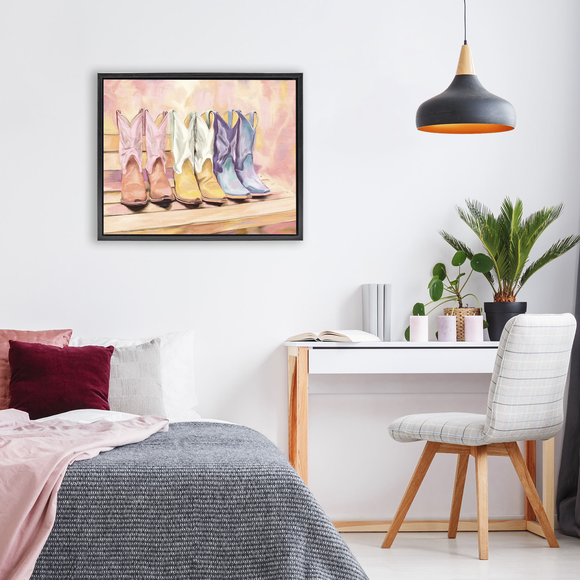 Painted Boots Trio Black Framed Floater Canvas Wall Art, design by Kim Allen