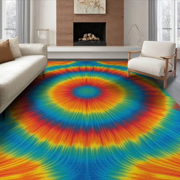 ODIKA 8'x10' Washable Area Rug Ombre Sunburst Boho Abstract Wave Swirl Gradient Hippie Tie Dye Refined for Living Room, Under Sectional, Family , Durable, Non-Slip