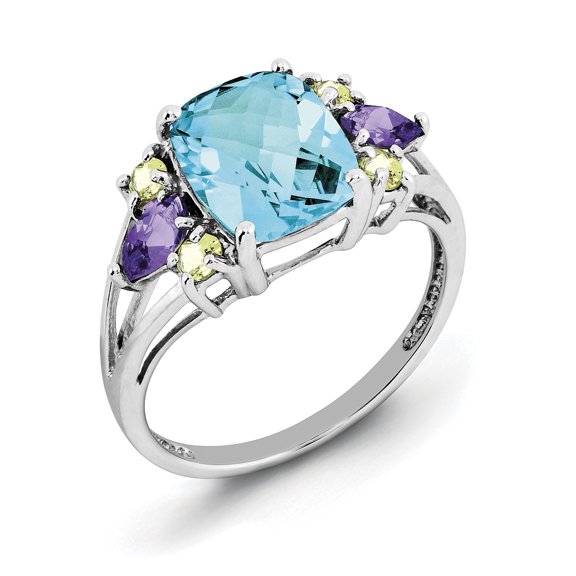 Sterling Silver Rhodium Light Swiss Blue Topaz, Amethyst & Peridot Ring (Size 9) Made In Thailand qr2895bt-9