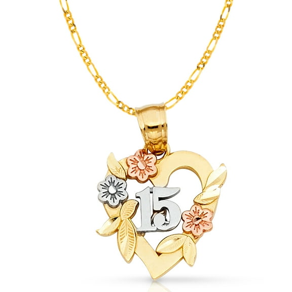 14K Tri Color Gold 15 Years Quinceanera Years Heart Charm Pendant with 2.3mm Figaro 3 1 Chain Necklace