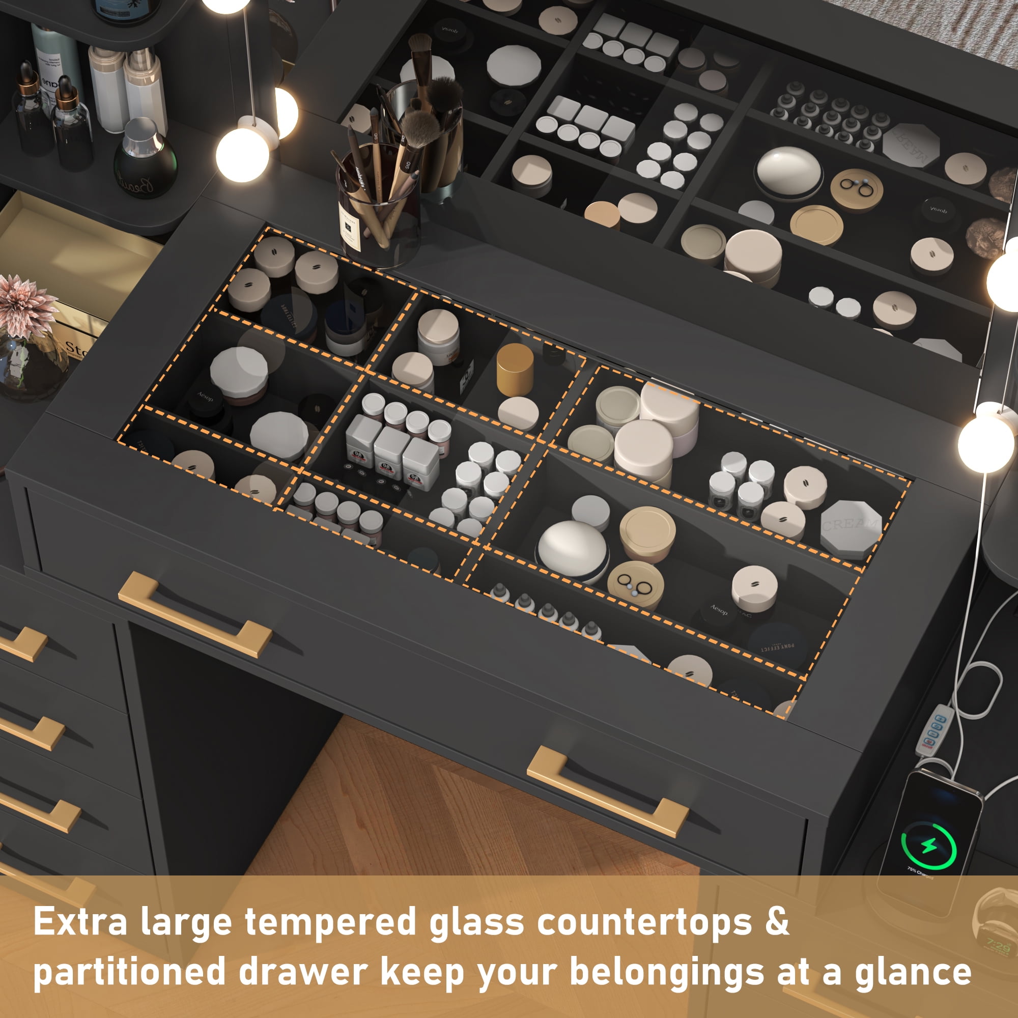 Black Vanity Desk with Mirror & LED Lights, Glass Top Vanity Desk with Charging Station & Compartment Storage Drawers, 55" Large Makeup Vanity Table with 9 Drawers & 6 Shelves