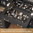 thumbnail image 3 of Black Vanity Desk with Mirror & LED Lights, Glass Top Vanity Desk with Charging Station & Compartment Storage Drawers, 55" Large Makeup Vanity Table with 9 Drawers & 6 Shelves, 3 of 8