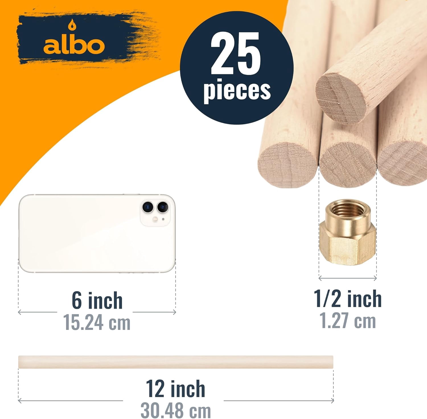 ALBO 1/2" x 12" Wooden Dowel Rods, 25 Piece 25 Pack