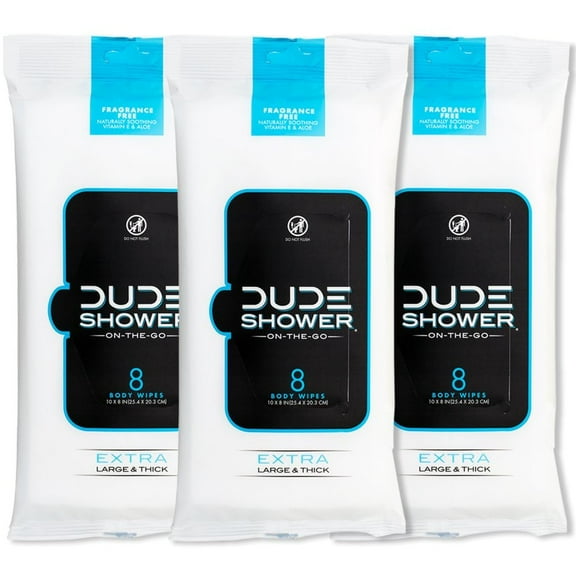 DUDE Wipes Shower Wipes, XL Body Wet Wipes, Unscented, 8 Count, 3 Pack