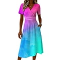 thumbnail image 5 of Minjewel Women's Shift Dress with Short Sleeve V-Neck - Bohemian Summer Dress, Loose Flowy Beach Party Outfit, Solid Color Comfy Vacation Mini Dress,Blue,S, 5 of 6