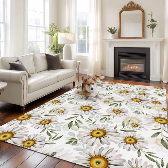 6'x9' Area Rugs, White Daisies Indoor Outdoor Area Rug for Living Room Bedroom, Pastoral Farmhouse Botanical Flowers Leaf Washable Bathroom Rugs Kitchen Floor Carpet Mats Home Decor Aesthetic