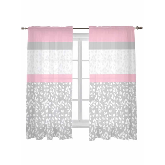 Pink Grey Curtains 63 Inch Length,Sheer Curtains for Bedroom Living Room Window Chic Garden Floral Stripe Aesthetic Flower Boho Rod Pocket Drapes Kitchen Curtains Small Half Window 42"x63" 2 Panels