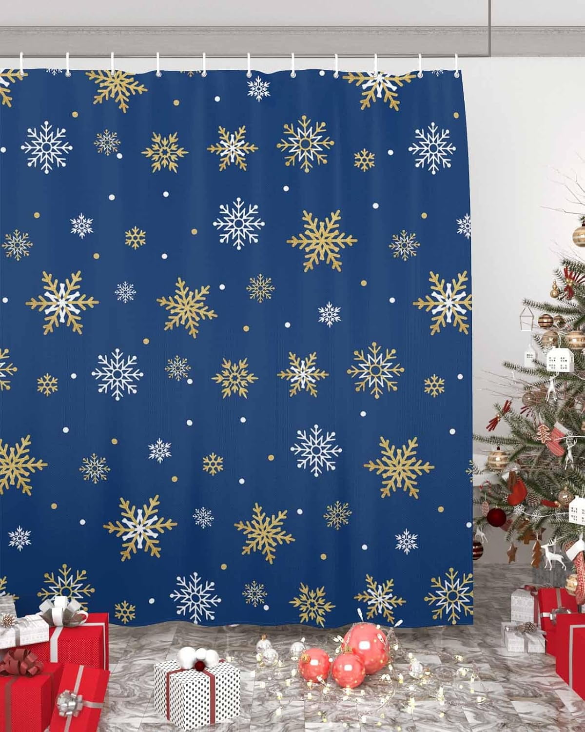 Christmas Shower Curtain Gold White Snowlfake Shower Curtains for Bathroom Decor Blue Background Christmas Decoration Bath Curtains Sets with Hooks Waterproof, 72x84 in