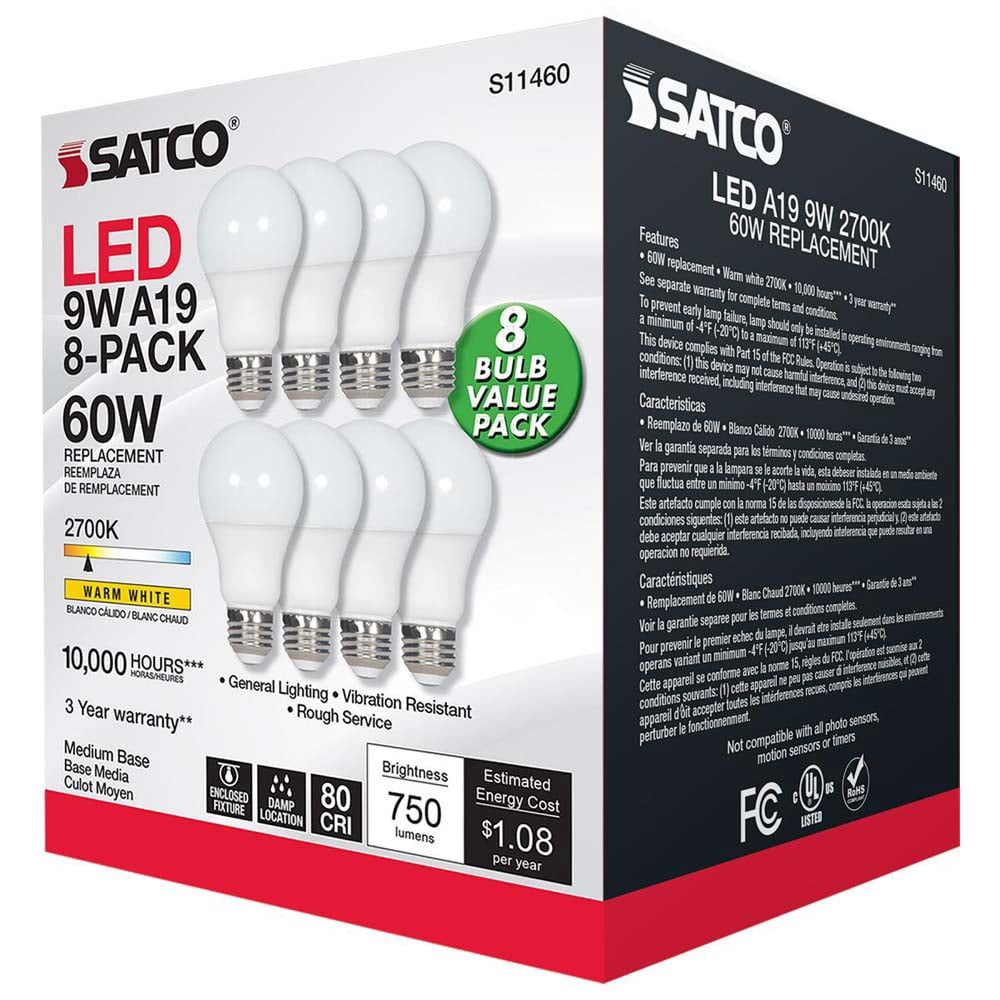 8Pk - 9W A19 LED 2700K Non-Dimmable E26 Medium base 120v - 60w equiv
