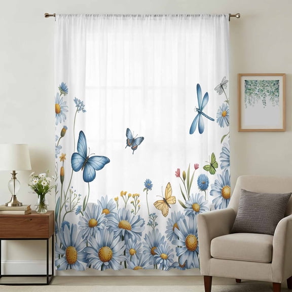 White Daisy Blossom Sheer Curtains 63 Inches Long, Spring Graden Floral Butterflies Light Filering Curtains, Breathable Simi Curtain Privacy Drapes for Living Room Bedroom Window Treatment