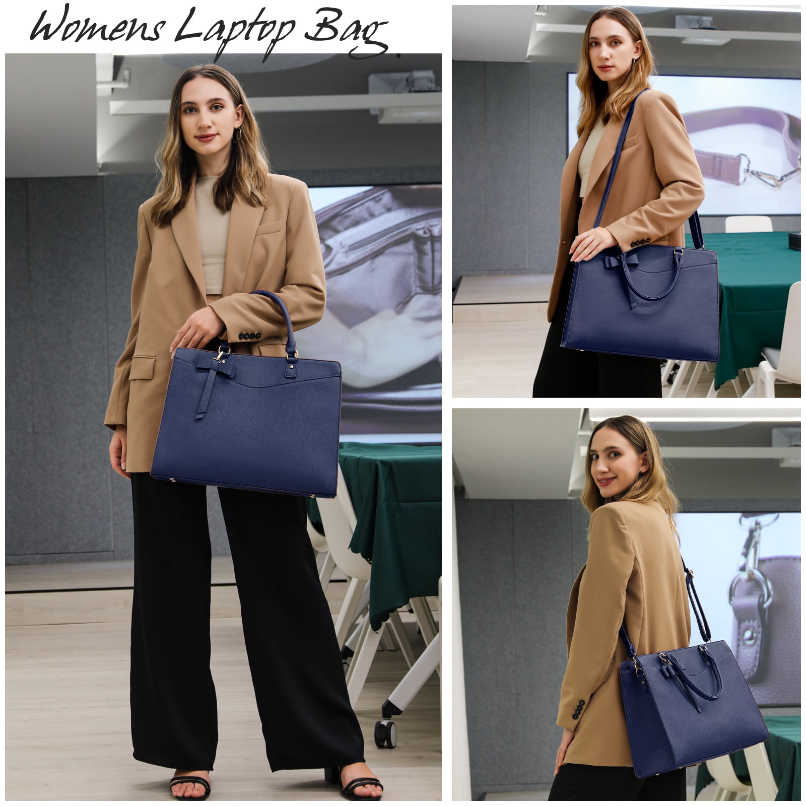 RAINSMORE Laptop Bag for Women 15.6 Inch PU Tote Bag Business Office Work Bag Waterproof Briefcase Computer Tote Lightweight Handbag Shoulder,Blue