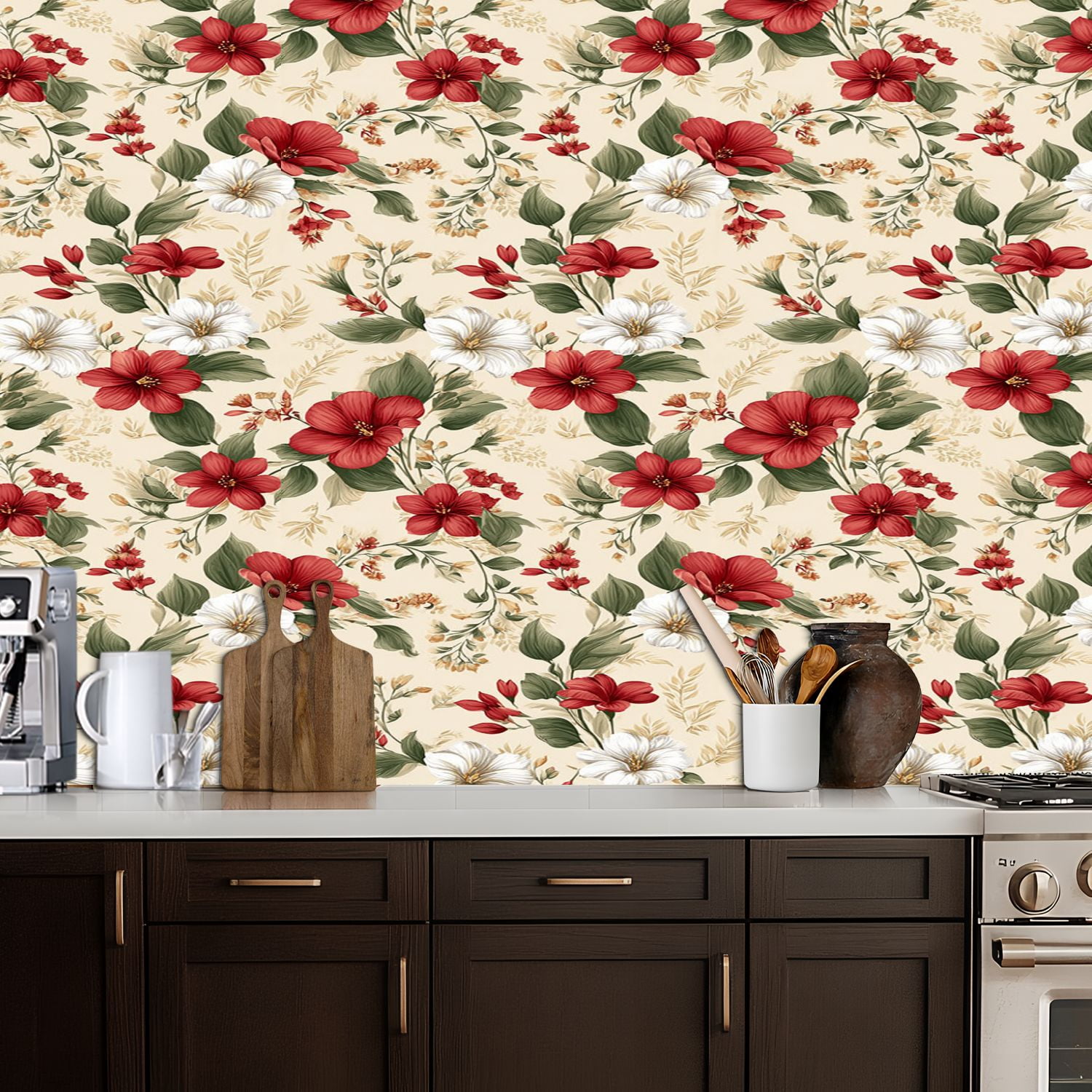 Flower Peel and Stick Wallpaper 17.7in x 9.8ft Elegant Floral Red White Flowers Soft Beige Contact Paper Vinyl Waterproof Self Adhesive Wall Paper for Bedroom Shelf Cabinet Renter Friendly