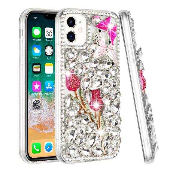 BEMZ Diamond Bling Cover Case [Rhinestone Cluster Design] [TPU Gel Full Body Protection] (with LED Flashlight Keychain) Phone Case for iPhone 12 Pro Max - Silver Pink Butterfly Rose Flower