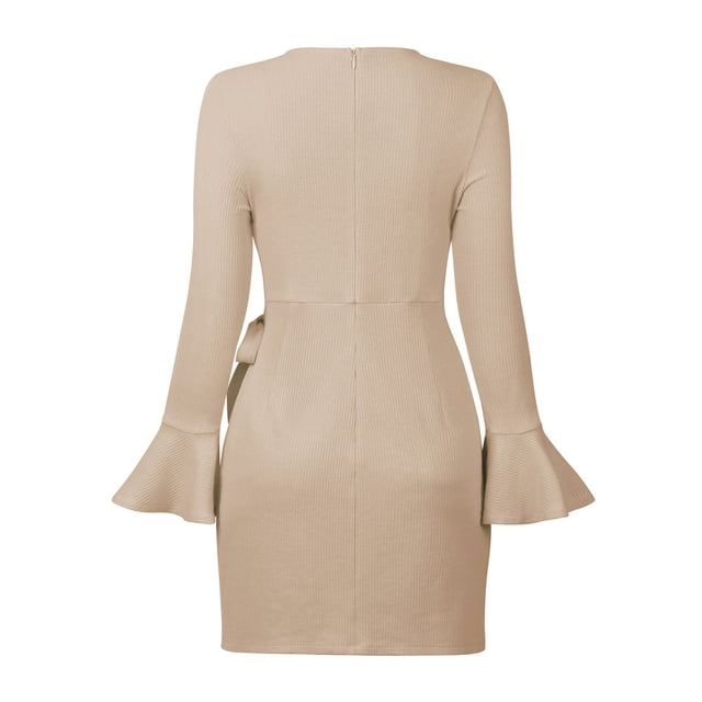 Falda cruzada informal de manga larga con volantes, cuello redondo, cintura con cinturón, falda corta, vestido de fiesta de color sólido, caqui, L