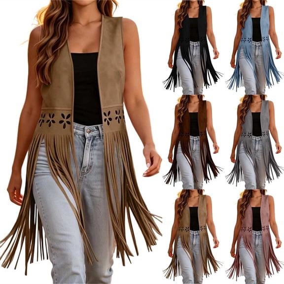 VBVC Women's Faux Suede Long Fringe Vest , Ladies' Western Boho Open Front Vest , Casual Sleeveless Floral Cutout Top For Women, Khaki , S-2XL