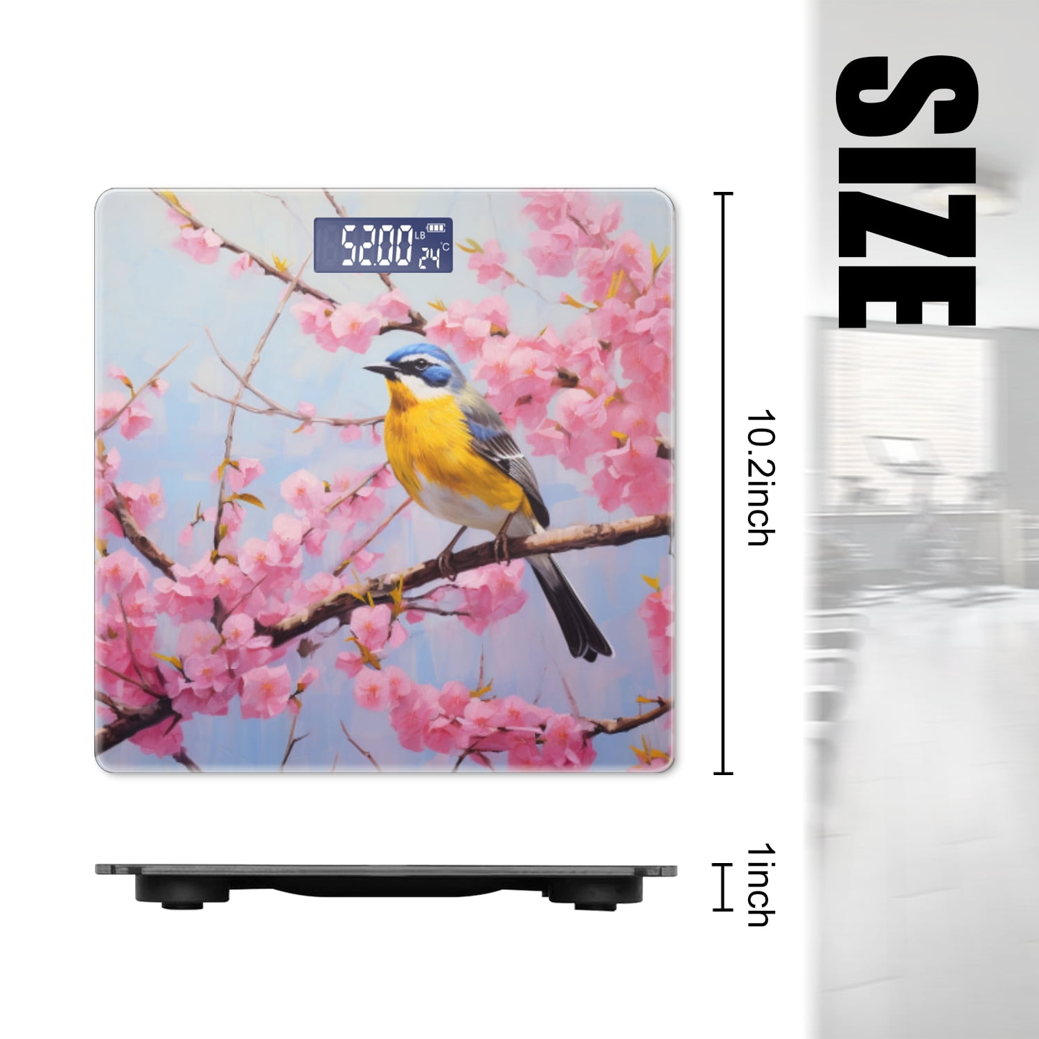 High Precision Body Weight Scale Smart Bathroom Scales with Large LCD Display(400lbs),Decorative for Bedroom-Yellow And Blue Bird Sitting On Cherry Blossom Tree
