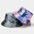 thumbnail image 2 of Unisex Bucket Hat Waterproof Holographic Adjustable Sun Protection Faux Leather Flat Top Fisherman Hat for Daily Outing, 2 of 10