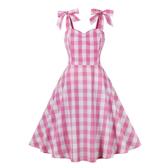 JGGSPWM Womens Sweetheart Neck Sleeveless Dress Skater Vintage Ball Party Dresses Cute Bow Decor Strappy Dress A-line Pink Plaid Dress Pink S