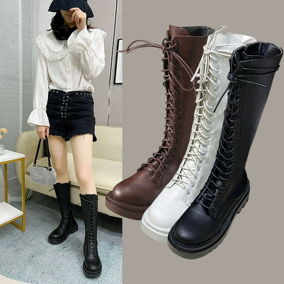 SKIYLEVZ Knee-High Boots for Women Combat Boots Winter Cold Weather Shoes for Everyday & Office Block Heel Stretch Figure Flattering Round Toe Side Zip