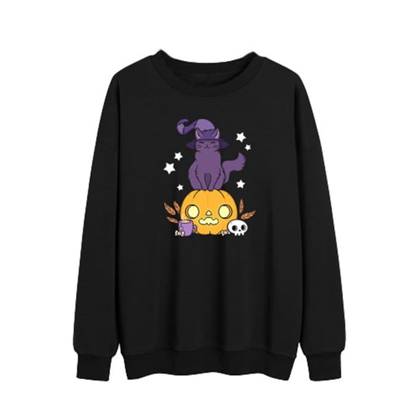 Sudadera con capucha de manga larga con estampado de calabaza y gato de Halloween para mujer Fridja ghj987+100