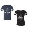 thumbnail image 1 of Groom Bride Unisex Couple Matching Cotton Jersey style T-Shirt Contrasting stripes on sleeves (Men Navy / Women Black) (Men XXL / Women XXL), 1 of 3