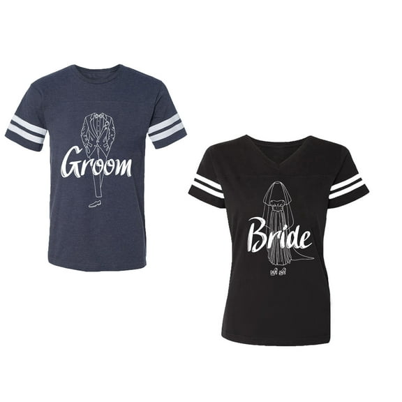 Groom Bride Unisex Couple Matching Cotton Jersey style T-Shirt Contrasting stripes on sleeves (Men Navy / Women Black) (Men S / Women S)