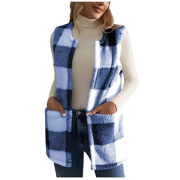 hotojiny Women's Plaid Outerwear Tops Fuzzy Shaggy Vests Fall Fashion Crew Neck Sleeveless Jacket Lightweight Open Front Sherpa Coat