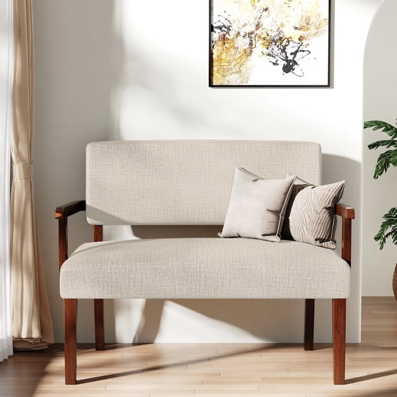 PLAMLE Adult Wood Linen Foam Stain Resistant Armchair with Solid Wood Frame, Beige