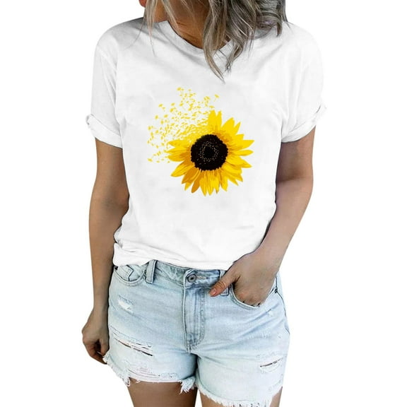 ZMHEGW Women T Shirts Loose Fit Sunflower Shirts For Cute Dandelion Graphics Summer Short Sleeve Tee Tops Womens Tshirts