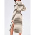 thumbnail image 6 of Womens Striped Sweater Dress Fall Chunky Knit V Neck Collared Long Sleeve Slit Loose Midi Dresses Beige M, 6 of 7