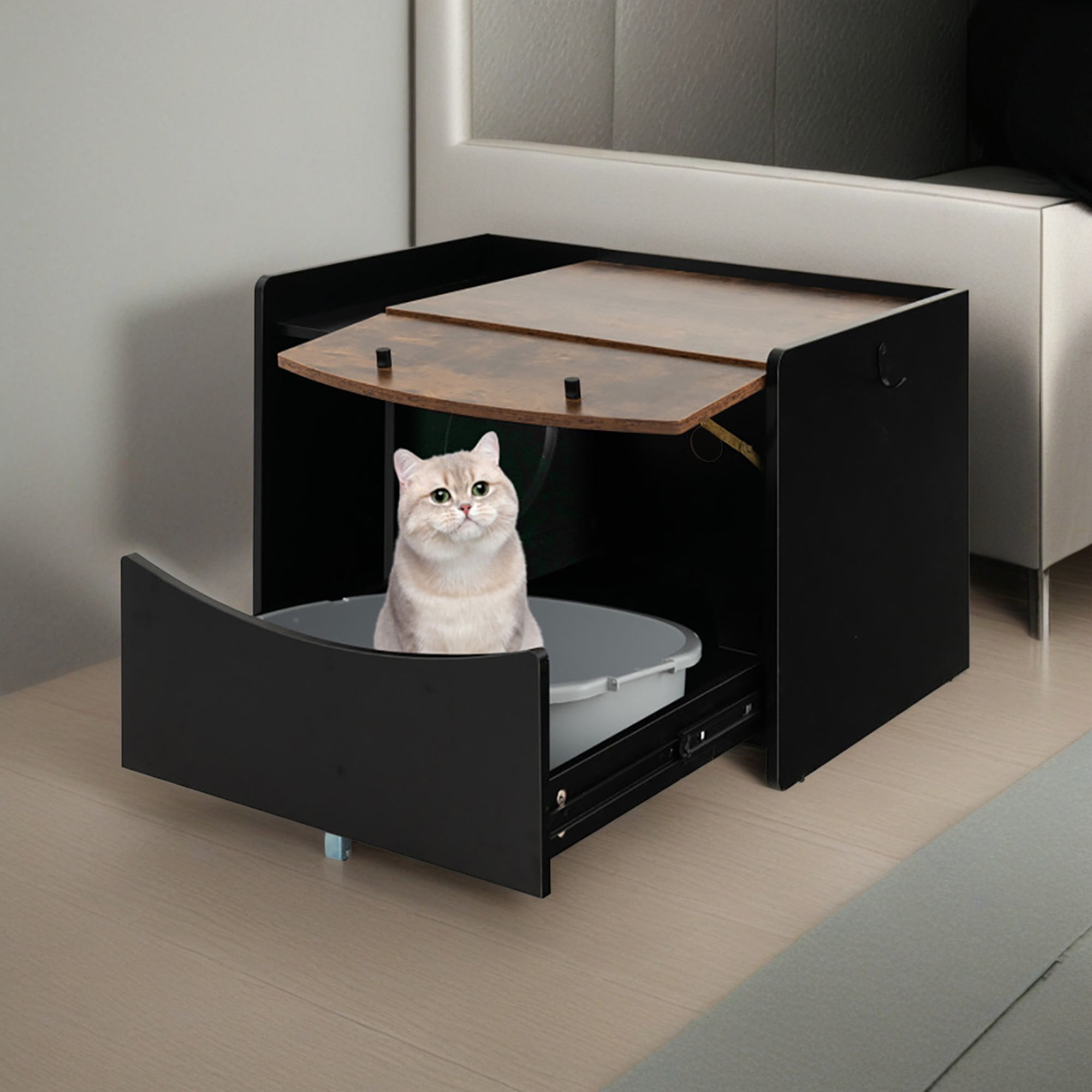 resenkos 31" Cat Litter Box Enclosure, Hidden Litter Box Furniture, Wood Pull-Out Cat House Washroom Cabinet Fit for Most of Cat and Litter Box, Black