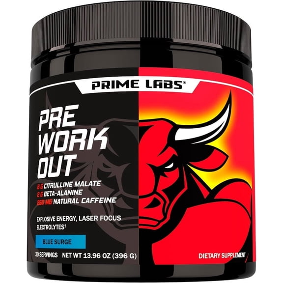 Prime Labs Pre Workout Powder for Men - with Citrulline Malate, Beta-Alanine, and Natural Caffeine - Energy, Focus, Power - Blue Lemonade Flavor - 30 Servings