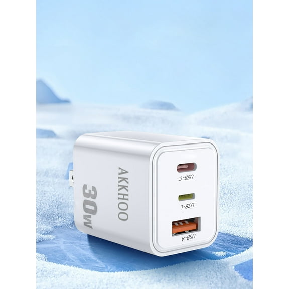 AKKHOO 30W USB-C Wall Fast Charger,3 Port Power Adapter,Compatible with Various Types of Mobile Phones and Computers,White