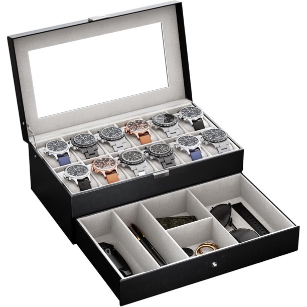 ProCase Caja para Reloj de 12 Ranuras, Estuche Organizador de Relojes de 2 Pisos con Tapa Vidrio Anti-polvo Almacenaje Guardarrelojes para Hombres y Mujeres (Negro)
