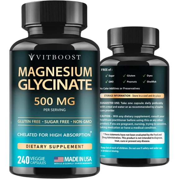 Magnesium Glycinate 500mg Chelate Capsules – 240 Count – 90mg Elemental Magnesium Per Serving – High Absorption Supplement – Non-GMO, Gluten Free – Made in USA
