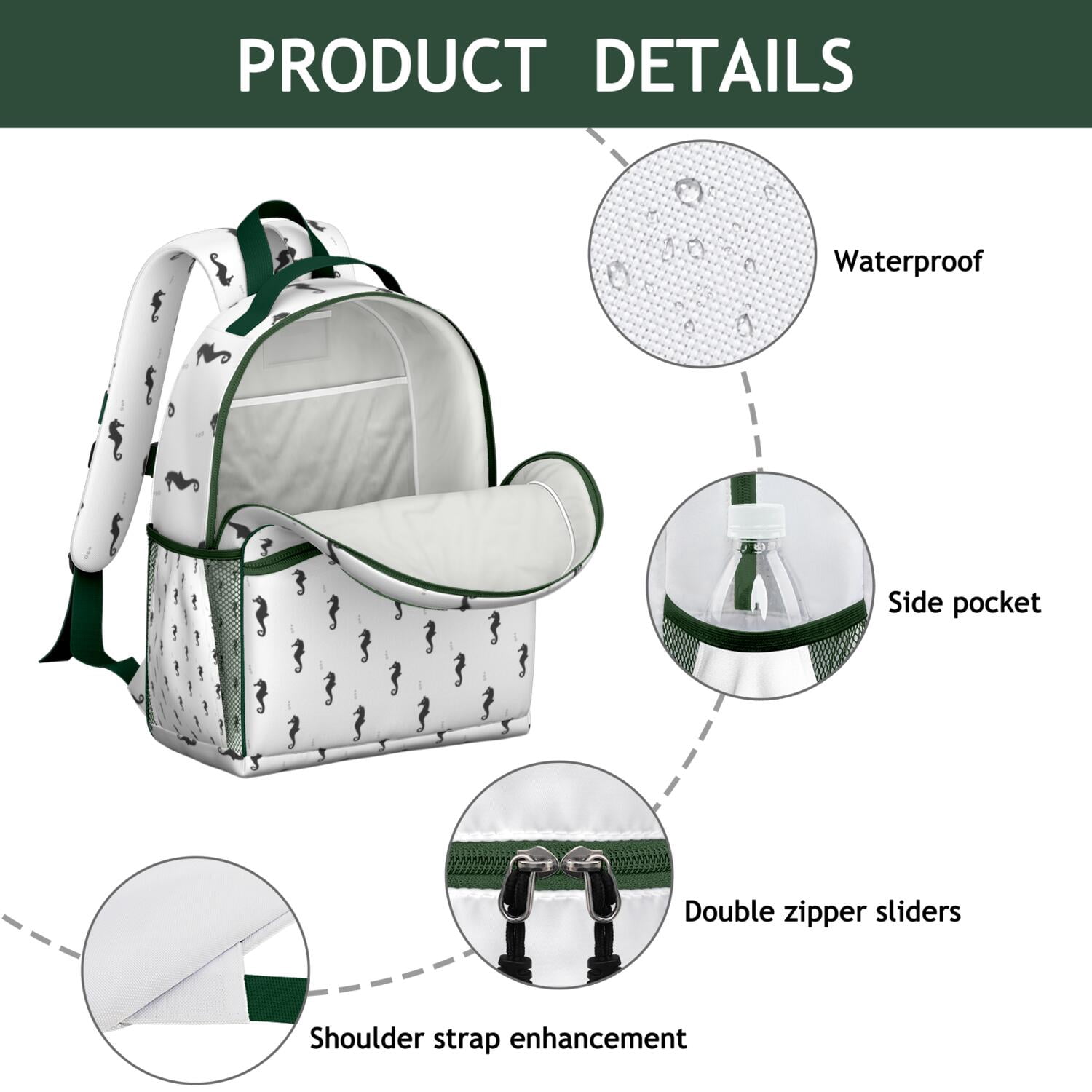 SeaHorse Waterproof School Backpack - Ergonomic Travel Daypack with Nautical Tropical Seahorse Design, Breathable Padded Backpack for Teens, Adjustable Chest Strap & Multiple Pockets for Books, Laptop