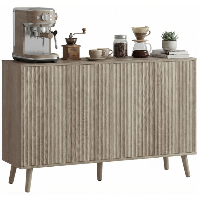 HOMCOM Sideboard, Fluted Buffet Cabinet with Adjustable Shelves, Light Grey