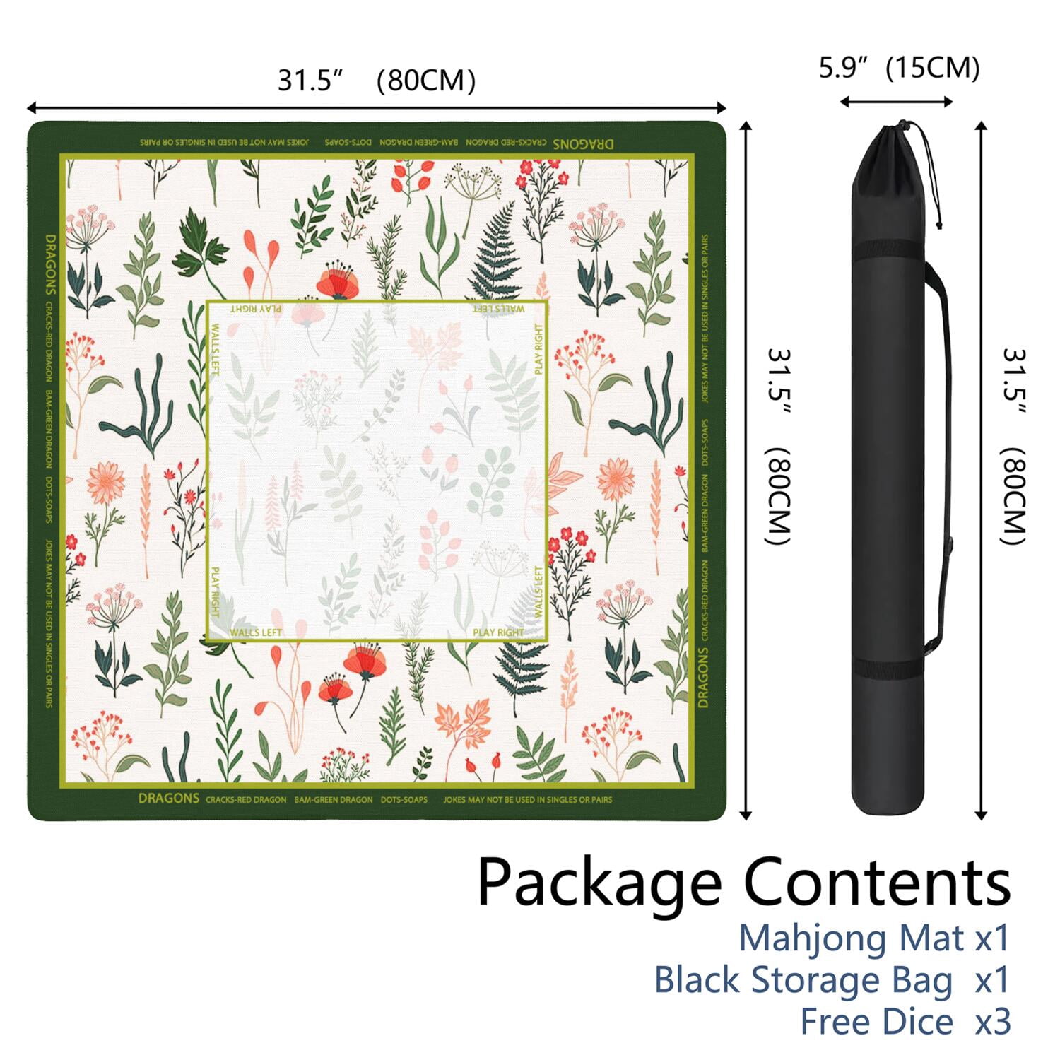 Green Mahjong Mat with Rules, 31.5*31.5in Anti Slip American Mahjong Mat for Table, Noise Reduction, Neoprene Mah jongg Mats with Carrying Bag & 3 Dices, Mahjong Set Gift, Board Tile Games Mats
