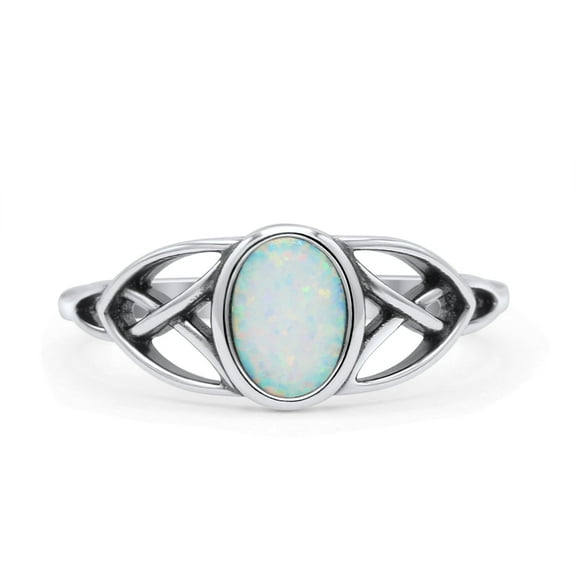 Oval Art Deco Celtic Band Ring Lab Created White Opal Ring 925 Sterling Silver Size 5