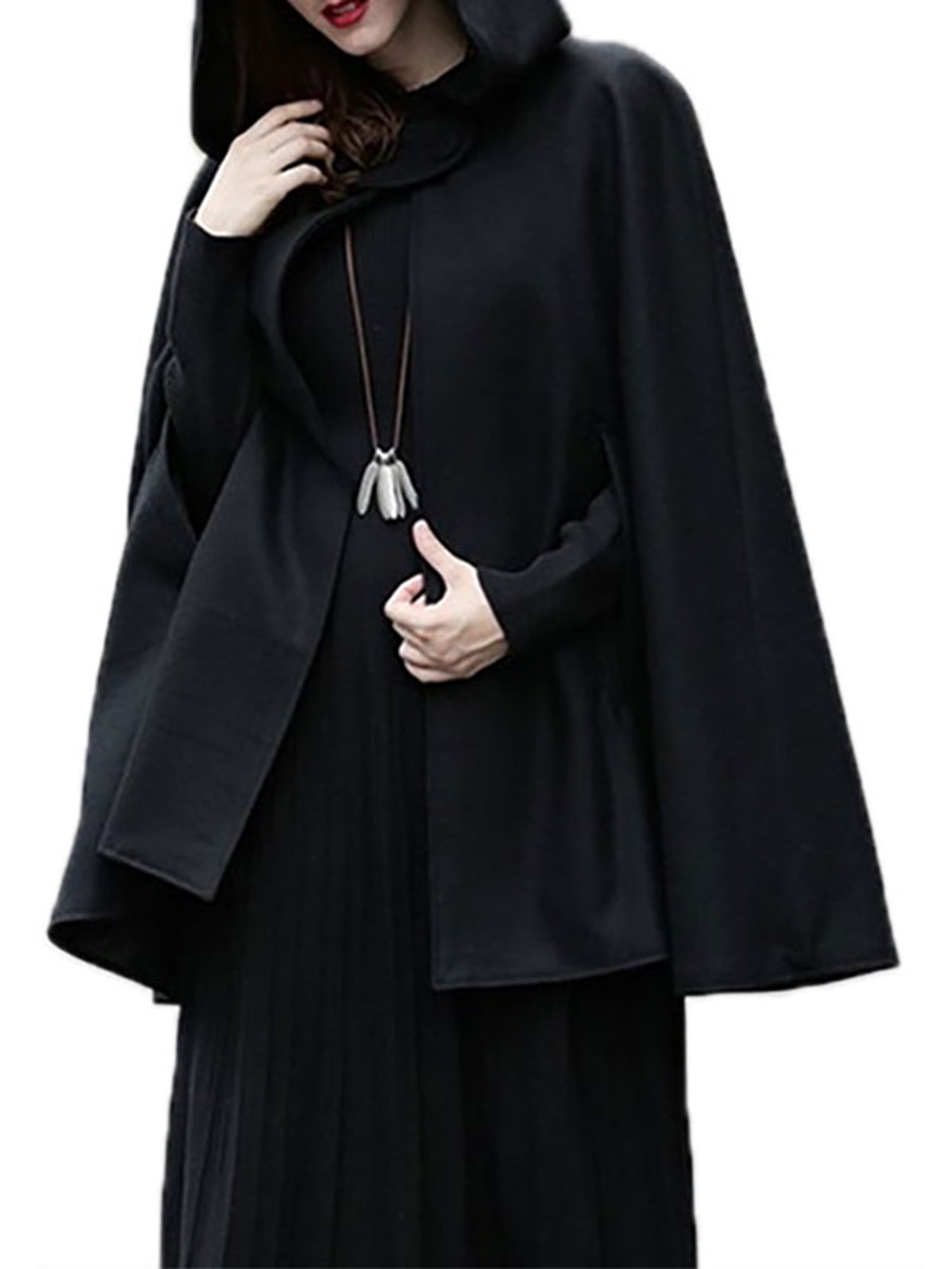 Women Cloak Hooded Batwing Sleeve Wool Coat Short Casual Cape Poncho