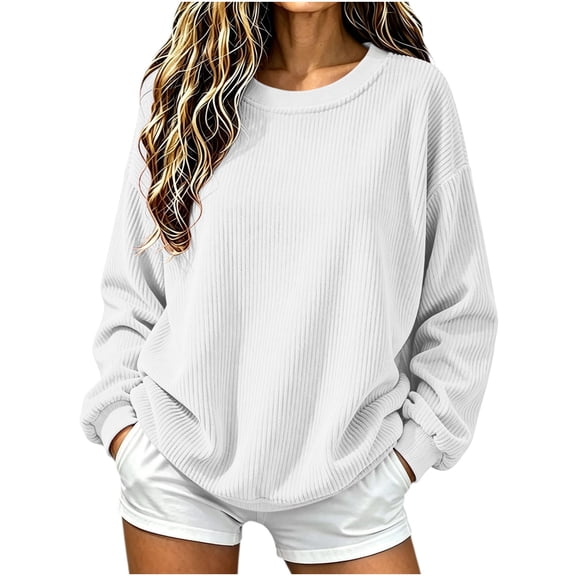 AherBiu Crewneck Sweatshirt for Women Corduroy Oversized Baggy Pullover Vintage Drop Shoulder Long Sleeve Tops