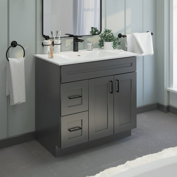 Grey Shaker 36" Shaker Bathroom Vanity Sink Base with Drawers (Ready-to-Assemble), Base Only
