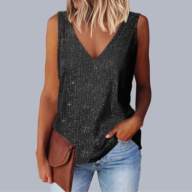 mfyjkho Tops Y Blusas Para Mujer, Vestido Informal De Lentejuelas Con Cuello Redondo Y Sin Mangas Para Mujer, De Moda, Primavera Y Verano Tops Para Mujer S