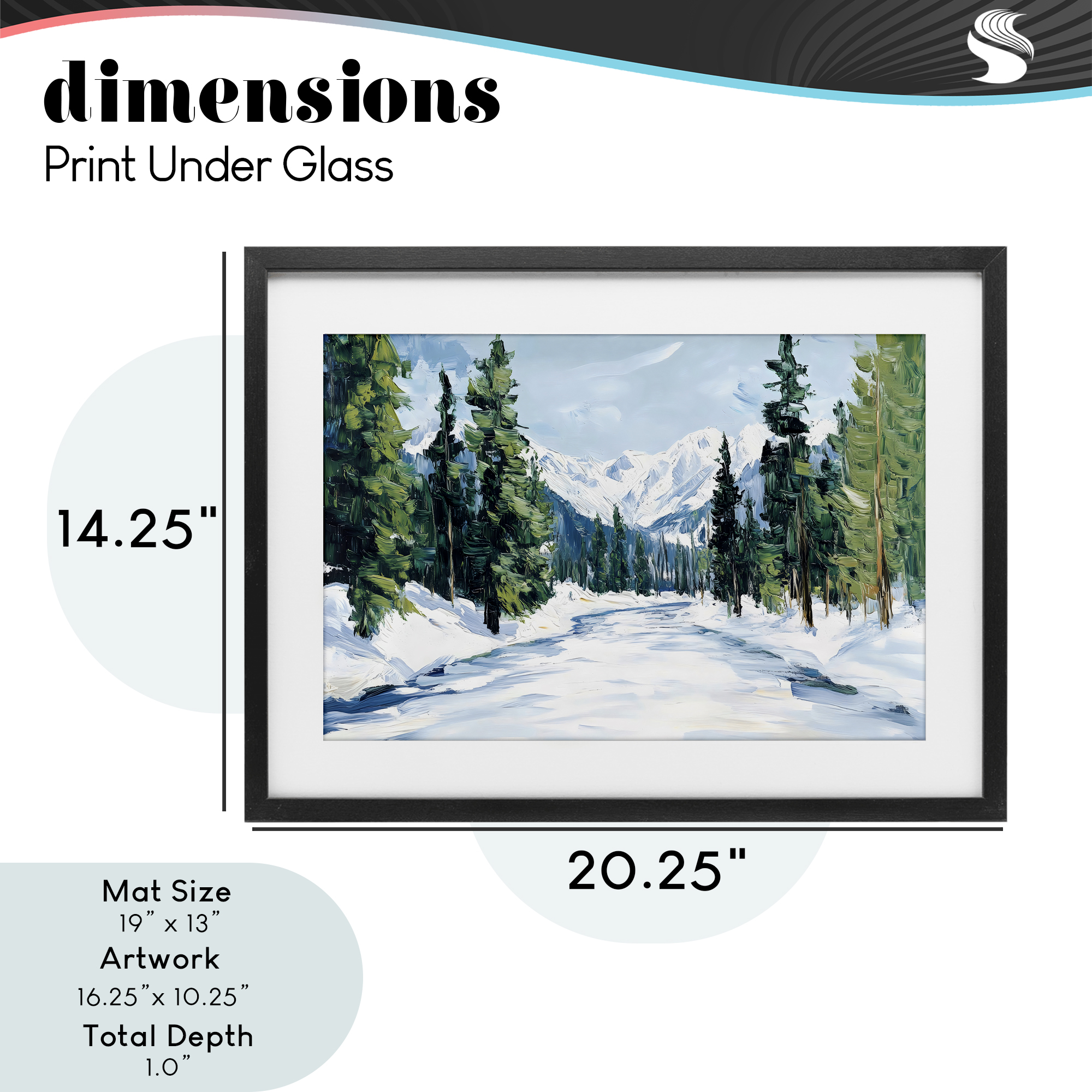 Snowy Tall Tree Pass Black Framed Print Under Glass, design by Petal Prints Design