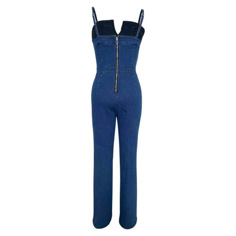 Women s Casual Summer Denim Dressy Pant Suits Jumpsuit Cotton Light Washed gothic clothes for women Blue Neckline Stretchy Slim Pants Suits for Women Dressy Fit Pants clothes fall clothing w Walmart.c...