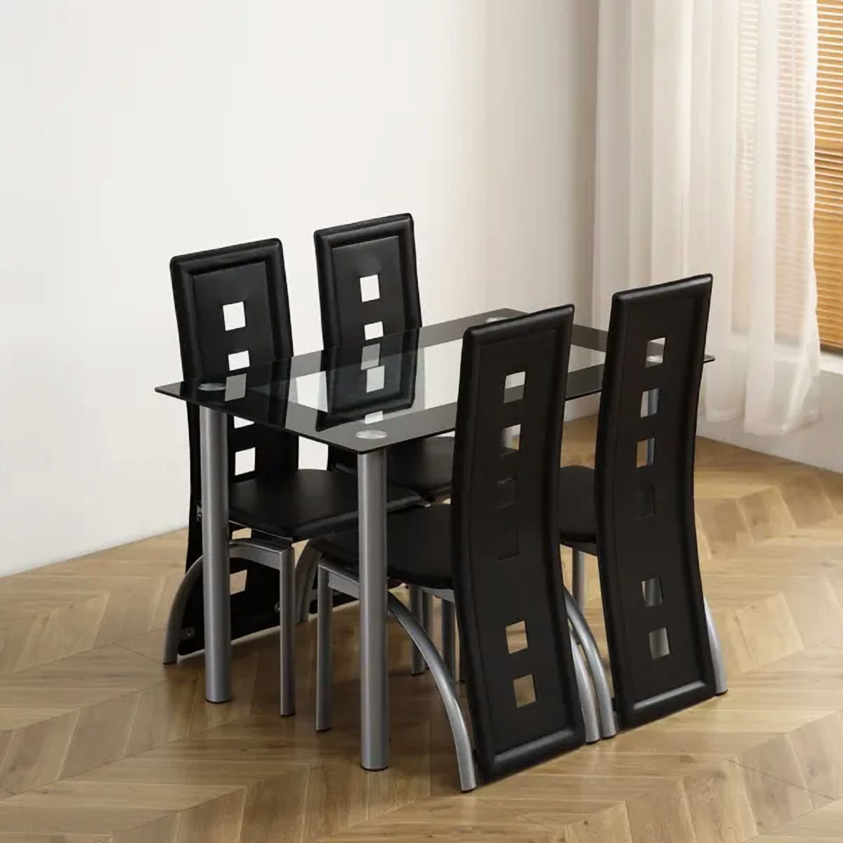5-Piece Dining Table Set with Tempered Glass Top and 4 Chairs – Black & Silver Modern Kitchen Dining Furniture